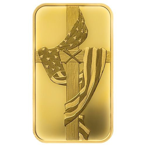 1 oz SD Bullion Cross and Flag Gold Bar Obverse