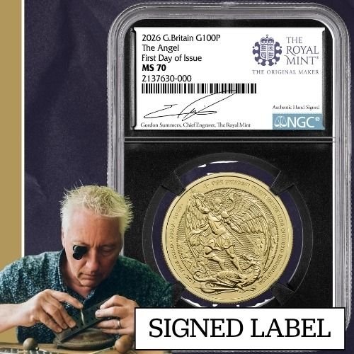 NGC MS-70 First Day of Issue 1 oz British Angel Gold Coin - Gordon Summers Label