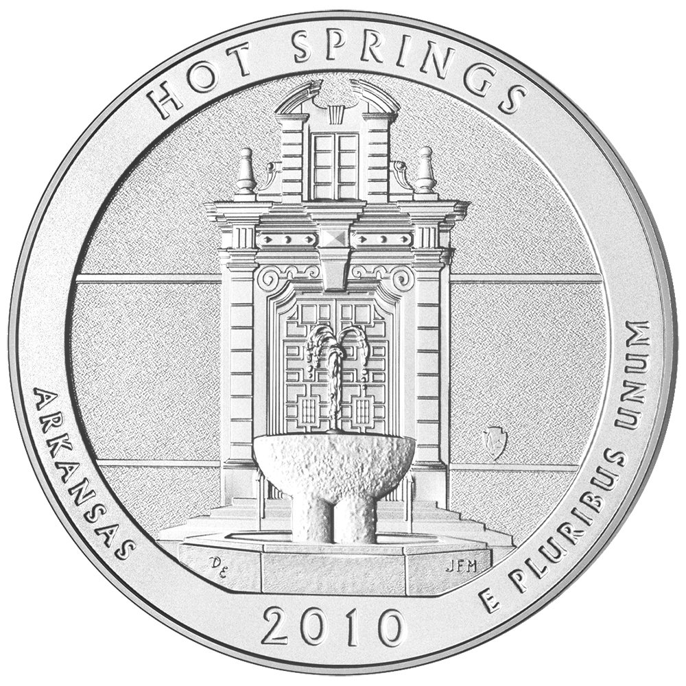 2010 America The Beautiful Quarters Five Ounce Silver Uncirculated Coin Hot Springs Arkansas Reverse Burnished