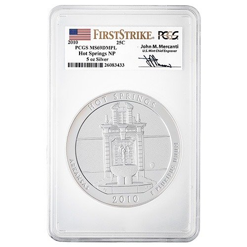 2010 Ussilver Atb Hotsprings Pcgsms69 Dmpl Firststrike 5ozcoin Johnmercantilabel Obv 500x500 1