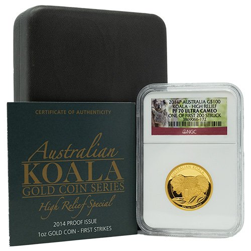 2014 Pe Gold Koala Ngc Pf 70 One Of First 200struck High Relief 1oz Proof W Box And Coa Set 500x500
