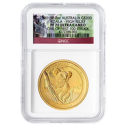 2015 Pe Gold Koala Ngc Pf 70 One Of First 100 Struck High Relief 2 Oz Proof Koala Label Obv