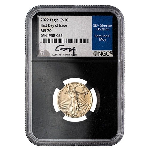 2022 Us Gold Eagle Ngc Ms 70 First Day Of Issue 0.25th Oz Coin Edmund C. Moy Label Wblack Core Obverse 500x500