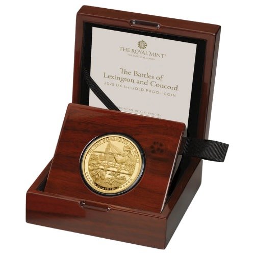 Gbr25lexington 1p 2025 Br Gold The Battles Of Lexington And Concord 1 Oz Proof W Box And Coa Box