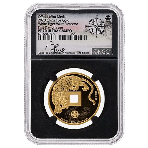 Gch20whitetigerngcpf70fdoifeibc 1 2020 Ch Gold Whitetiger Vaultprotector Ngc Pf70 Fdoi 1oz Medal Songfeisignature Blackcore Obv2 500x500 1