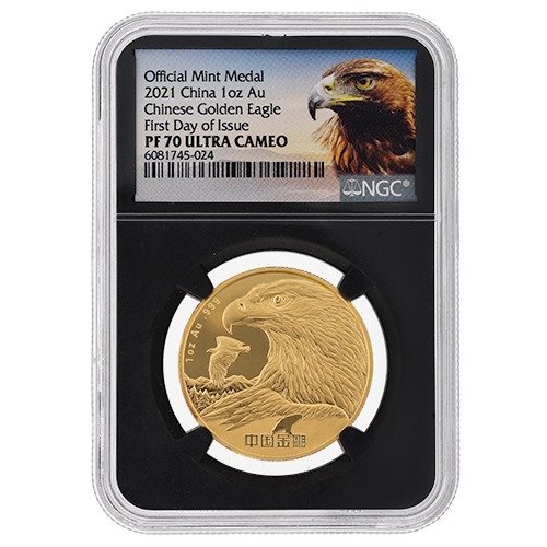 Gch21goldeneaglengcpf70fdoi 1 2021 Ch Gold Chinesegoldeneagle Ngc Pf70 Firstdayofissue 1oz Medal Blackcore Obv2 500x500 1
