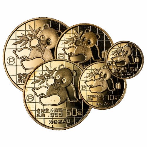 Gch89pandaproofsetincaps 1.9 1989 China 5 Coin Gold Panda Proof Set In Capsules Obverse Set