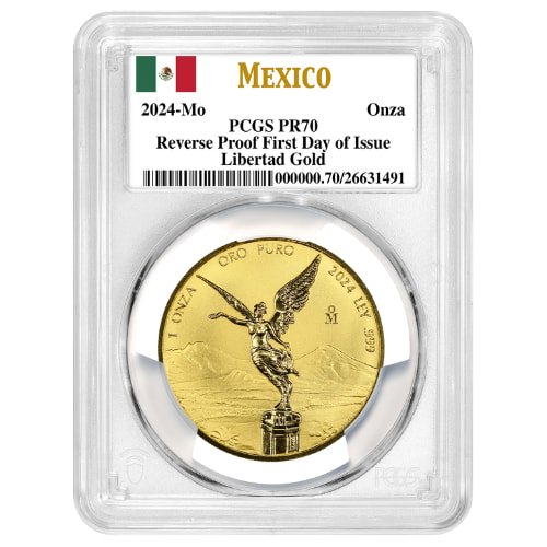 Gmx24libertadpcgsrpr70fdoi 1rp 2024 Mx Gold Libertad Pcgs Pr 70 First Day Of Issue 1 Oz Reverse Proof Obverse