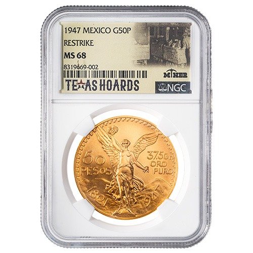 Gmx50peso1947ngcms68texasrest 1947 Mx Gold 50 Pesos Ngc Ms 68 Restrike Texas Miner Hoard Obverse