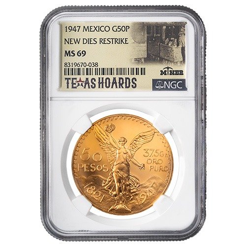 Gmx50peso1947ngcms69texasnew 1947 Mx Gold 50 Pesos Ngc Ms 69 New Dies Restrike Texas Miner Hoard Obverse