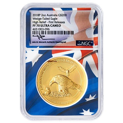 Gpe18wedgengcpf70frhrmercantiauscore 2p 2018 Pe Gold Wedge Tailed Eagle Ngc Pf 70 First Releases High Relief 2 Oz Proof John Mercanti Label Australia Core Obverse