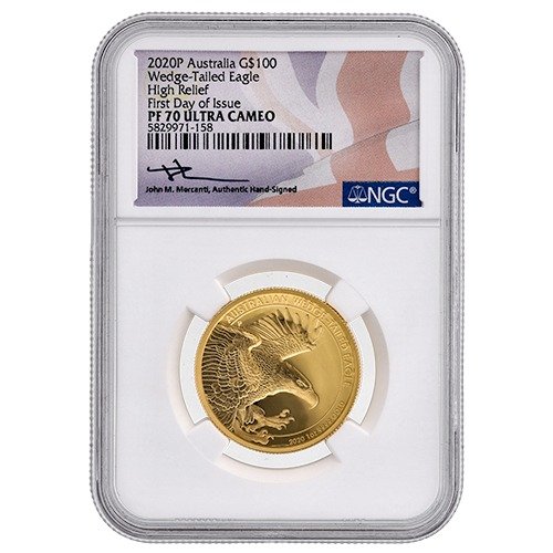 Gpe20wedgengcpf70fdoihrmercanti 1p 2020 Pe Gold Wedgetailedeagle Ngcpf70 Firstdayofissue Highrelief 1oz Proof Johnmercantilabel Obv2 500x500 1