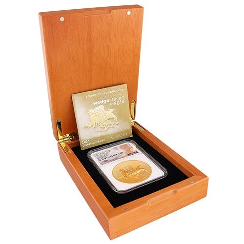 Gpe21wedgengcpf70fdoihr 5rp 2021 P Pe Goldwedge Tailedeagle Ngc Pf70 Fdoi Highrelief 5oz Reverseproofwbox Coa Boxopen 500x500 1