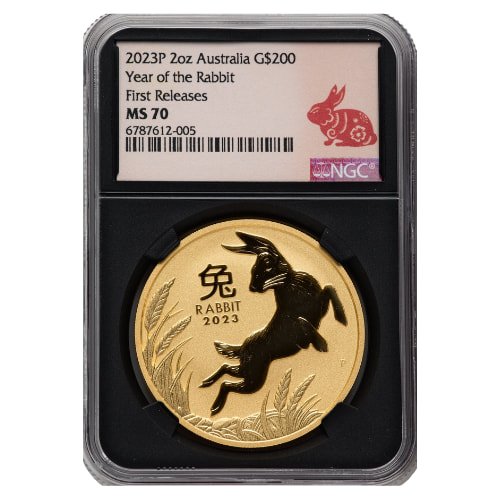 Gpe23lunarrabbitngcms70fr 2 2023 2 Oz Perth Mint Gold Lunar Rabbit Gold Coin Series Iii Ngc Ms 70 First Releases Black Core Reverse