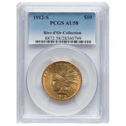 Gus10indian1912spcgsau58 04838 1912 S 10 Indian Eagle Gold Coin Pcgs Au 58 Front