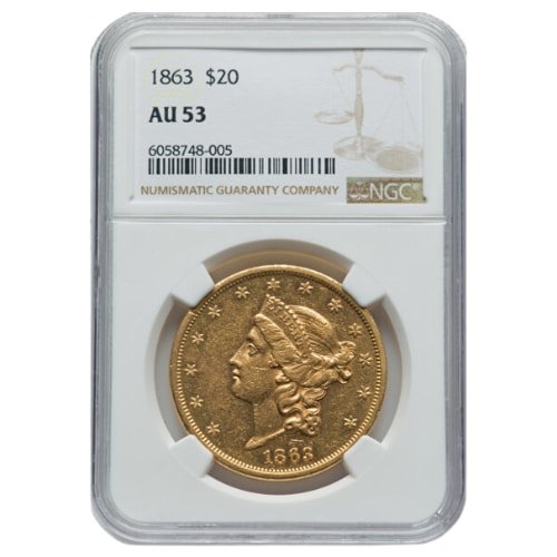 Gus20liberty1863ngcau53 09675 1863 Us Liberty Double Eagle 20 Coin Ngc Au 53 Obverse