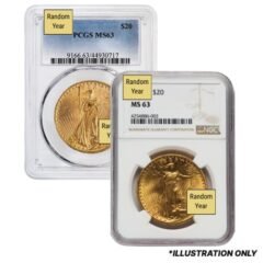 $20 MS-63 St. Gaudens Double Eagle Gold Coin (NGC or PCGS) - Random Year