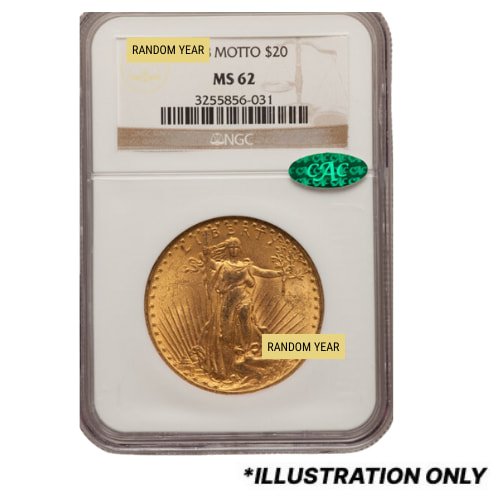 Gus20stgaudngcms62cac 09675 Us Gold St. Gauden Double Eagle 20 Coin Ngc Ms 62 Motto W Cac Label Random Year Front