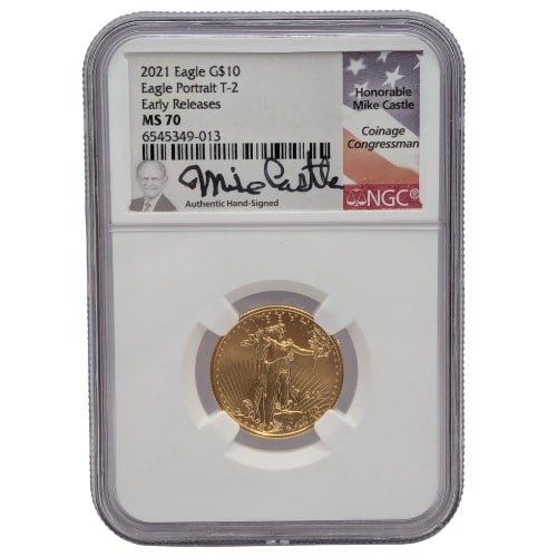 Gus21agev2ngcms70ercastle 025 2021 Us Gold Eagle 1 4 Oz Ngc Ms 70 Early Releases Coin Type 2 Mike Castle Label Obverse