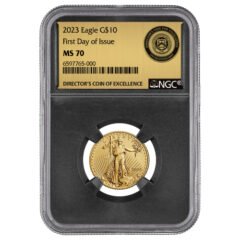 2023 NGC MS-70 First Day of Issue 1/4 oz American Gold Eagle Coin - Miles Standish Director's Medal of Excellence Label
