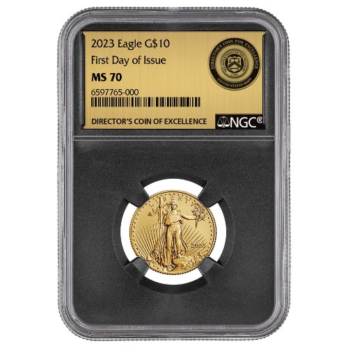 Gus23agengcms70fdoidmoe 025 2023 Us Gold Eagle 1 4 Oz Ngc Ms 70 First Day Of Issue Coin Directors Medal Of Excellence Front