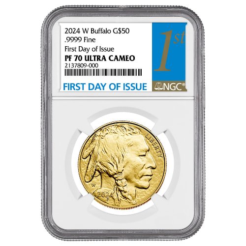 Gus24buffwngcpf70fdoi 1p 2024 W Us Gold Buffalo Ngc Pf 70 First Day Of Issue 1 Oz Proof Coin Front