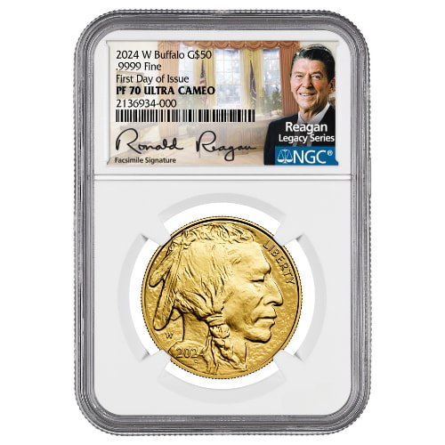 Gus24buffwngcpf70fdoireagan 1p 2024 W Us Gold Buffalo Ngc Pf 70 First Day Of Issue 1 Oz Proof Coin Reagan Label Front