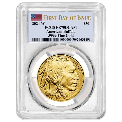 Gus24buffwpcgspr70fdoi 1p 2024 W Us Gold Buffalo Pcgs Pr 70 First Day Of Issue 1 Oz Proof Coin Front