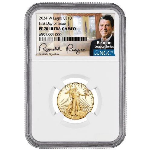 Gus24wagengcpf70fdoireagan 025p 2024 W Us Gold Eagle Ngc Pf 70 First Day Of Issue Ultra Cameo Reagan Label 1 4 Oz Proof Coin Front
