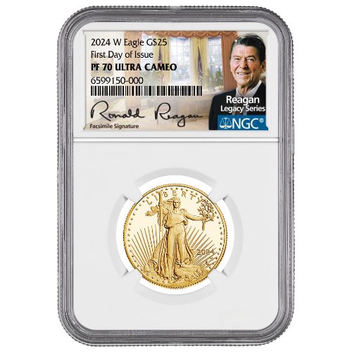 Gus24wagengcpf70fdoireagan 05p 2024 W Us Gold Eagle Ngc Pf 70 First Day Of Issue Ultra Cameo Reagan Label 1 2 Oz Proof Coin Front