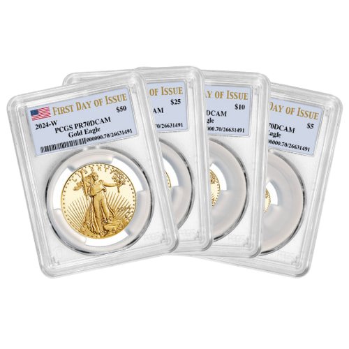 Gus24wagepcgspr70fdoi Set 2024 W Us Gold Eagle Pcgs Pr 70 First Day Of Issue Deep Cameo 4 Coin Proof Set Main