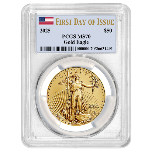 Gus25agepcgsms70fdoiflag 1 2025 Us Gold Eagle Pcgs Ms 70 First Day Issue Flag 1 Oz Coin