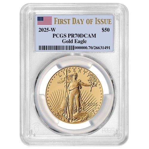 Gus25agewpcgspr70fdoi 1p 2025 W Us Gold Eagle Pcgs Pr 70 First Day Of Issue Deep Cameo 1 Oz Proof Obverse