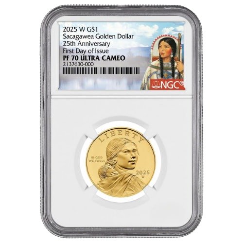 Gus25sacagaweangcpf70fdoi 05p 2025 Us Gold 25th Anniversary Sacagawea Dollar Ngc Pf 70 Fdoi 12 Oz Proof Front