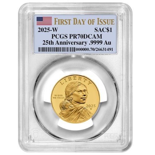 Gus25sacagaweapcgspr70fdoi 05p 2025 Us Gold 25th Anniversary Sacagawea Dollar Pcgs Pr 70 Fdoi 12 Oz Proof Front 1