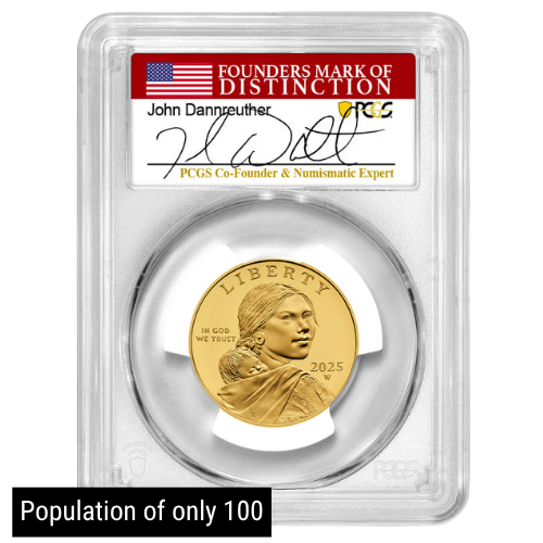Gus25sacagaweapcgspr70fdoidann 05p 2025 Us Gold 25th Anniversary Sacagawea Dollar Pcgs Pr 70 Fdoi 12 Oz Proof John Dannreuther Label Front3