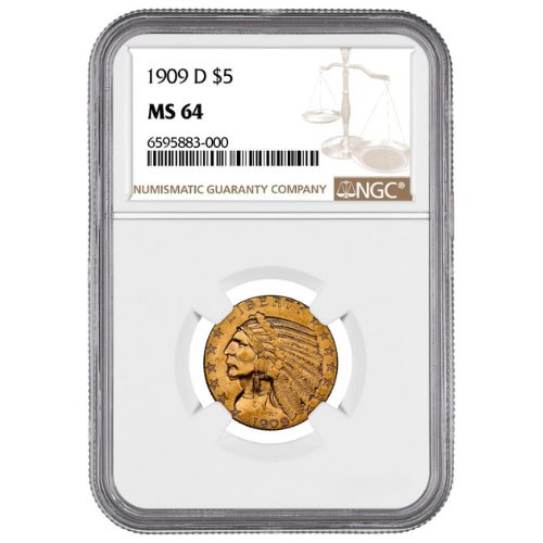 Gus5indian1909dngcms64 02419 1909 D 5 Indian Head Half Eagle Gold Coin Ngc Ms 64 Front