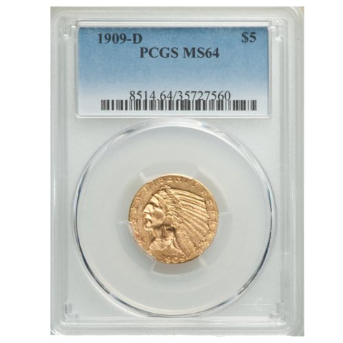 Gus5indian1909dpcgsms64 02419 1909 D 5 Indian Head Half Eagle Gold Coin Pcgs Ms 64 Front