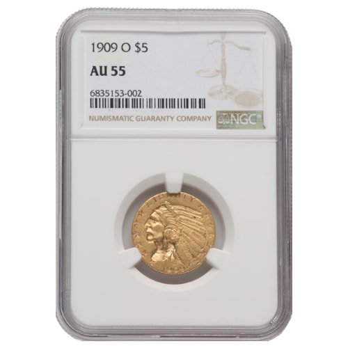 Gus5indian1909ongcau55 04838 1909 O Us Gold Indian 5 Coin Ngc Au 55 Obverse