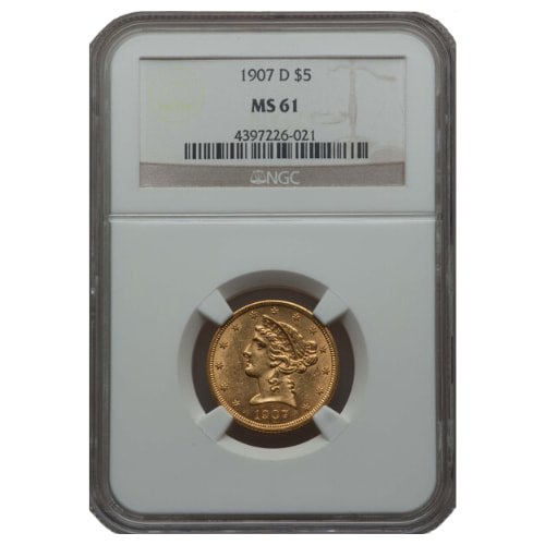 Gus5liberty1907dngcms61 02419 1907 D Us Gold Liberty Half Eagle 5 Coin Ngc Ms 61 Front