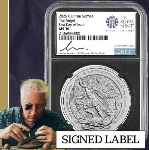 Sbr26angelngcms70fdoisummers 1 2026 Br Silver Angel Ngc Ms 70 Fdoi 1 Oz Coin Gordon Summers Label Front 1