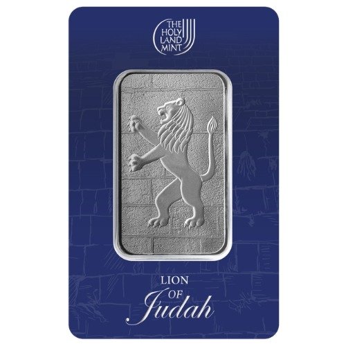 Shllionjudahbar 1 Holy Land Mint Silver Lion Of Judah 1 Oz Bar In Assay Frontcard