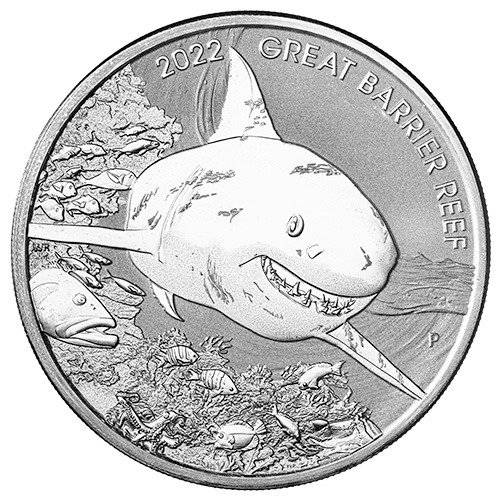 Spe22reefshark 2 2022 Pe Silver Great Barrier Reef Great White Shark 2 Oz Coin Obverse