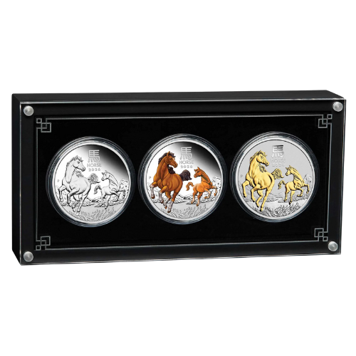 Spe26lunarhorse 3set 2026 Pe Silver Lunar Series Iii Year Of The Horse 3 X 1 Oz Coin Trio Case