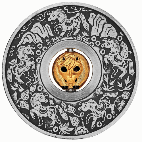 Spe26lunarhorserotating 1a 2026 Pe Silver Lunar Series Year Of The Horse Rotating Charm 1 Oz Antique Coin Obv