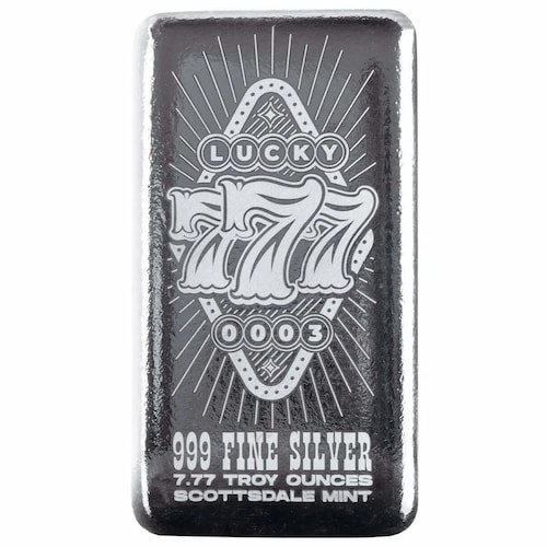 Sscluckysevensbar 7.77 Sc Silver Lucky Sevens Series 7.77 Oz Cast Bar Front