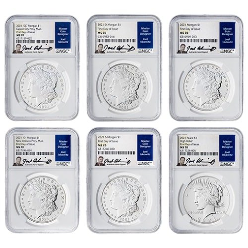 Sus21mpsetngcms70fdoijoel 5154 2021 Us Silver Morgan And Peace Dollar Ngc Ms 70 First Day Of Issue 6 Coin Set Joel Iskowitz Labels Front
