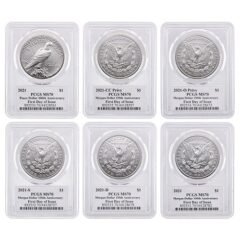 2021 PCGS MS-70 First Day of Issue Morgan and Peace Dollar Silver 6-Coin Set - John Dannreuther Labels