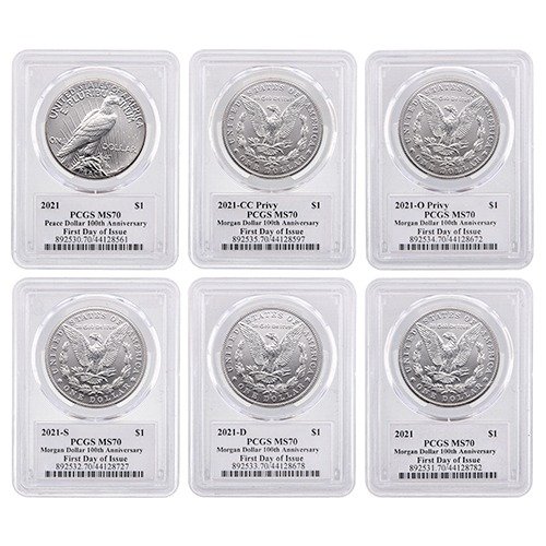Sus21mpsetpcgsfdoims70dann 5154 2021 Us Silver Morganandpeacedollar Pcgs Ms70 Firstdayofissue 6coinset Johndannreutherlabels Rev 500x500 1