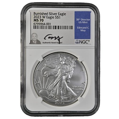 Sus23asewngcms70moy 1b 2023 W Us Silver Eagle Ngc Ms 70 1 Oz Burnished Coin Edmund C Moy Label Front